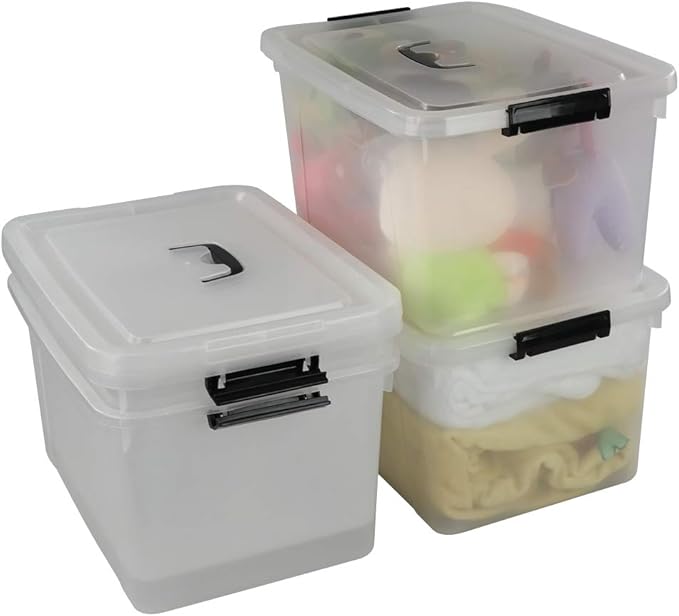 Begale 17.5 Quart Plastic Large Storage Container, Clear Latch Bin with Handle and Lid, 4-Pack