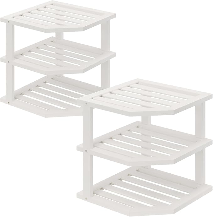 3 Tier Bamboo Corner Shelf(2 Pack),Dish Drying Rack,Plate Organizer,Kitchen Spice Rack for Countertop and Cabinet(White)