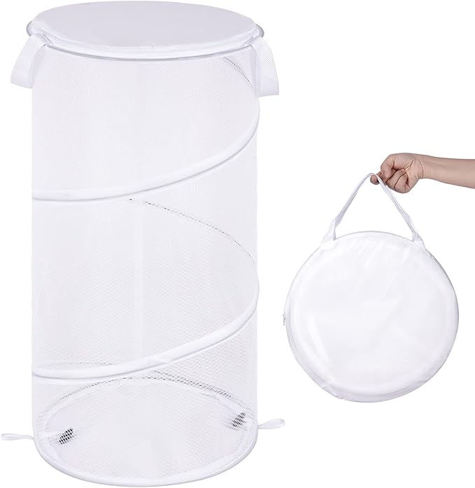 BATTOO Large Collapsible Laundry Basket with Lid Foldable Mesh Pop Up Hamper with Handles for Laundry Room, Bathroom, Kids Room, College Dorm, Travel, Storage Organizer White