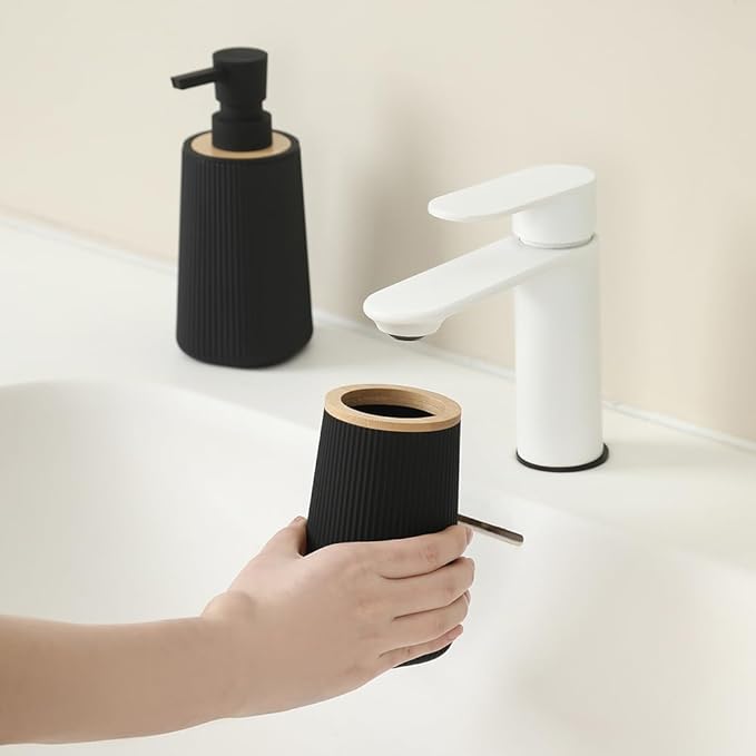 Bathroom Accessories 2 Piece Soap Dispenser and Toothbrush Holder Set Striped Black and Bamboo
