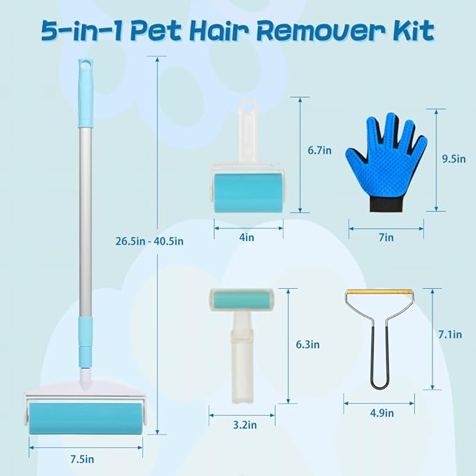HIDOG 5-in-1 Pet Hair Remover Kit, Washable & Reusable Gel Lint Roller with 40.5" Extendable Handle, Cat Dog Hair Removal Tool, Carpet Rake & Grooming Gloves for Pets, Couch, Furniture, Clothes
