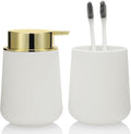 White and Gold Bathroom Accessories 2 Piece Set Plastic Soap Dispenser and Toothbrush Holder for Modern Bathroom Decor