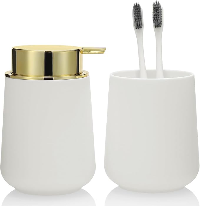 White and Gold Bathroom Accessories 2 Piece Set Plastic Soap Dispenser and Toothbrush Holder for Modern Bathroom Decor