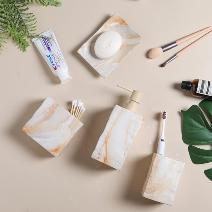 Bathroom Accessories Set 4 Pcs Marble Look Sets Toothbrush Holder Soap Dispenser Counter Top Ceramic Bathroom Decor Set Beige