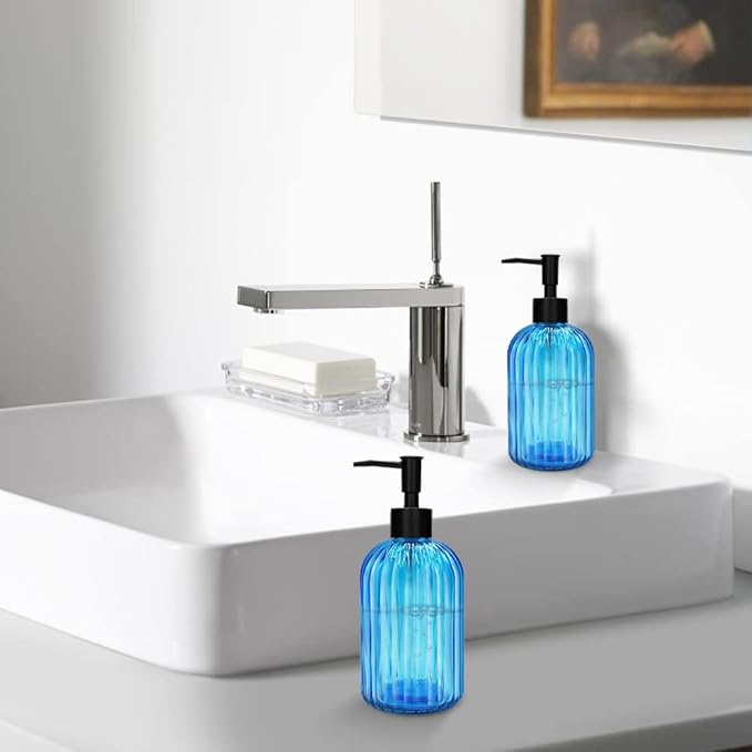 Pack of 2 Glass Soap Dispenser with Black Pump, 400 ml Refillable Pump Dispenser for Kitchen, Bathroom, Order, Laundry Room, Liquid Glass Bottle for Washing Up Liquid, Shampoo, Conditioner (Blue)