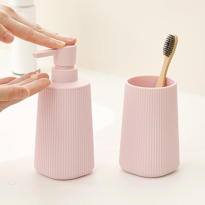 Bathroom Accessories 2 Piece Soap Dispenser and Toothbrush Holder Set Striped Pink