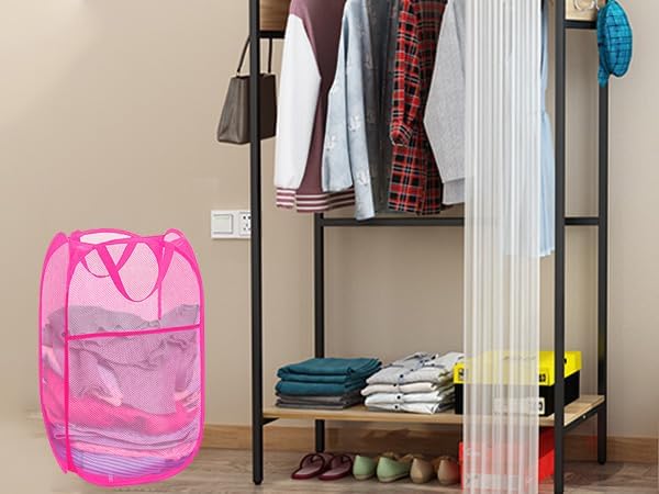 Pop Up Laundry Hamper Pack of 2 Mesh Collapsible Laudry Baskets with Side Pocket and Handles, Easy to Carry for Cruise, Home, Dorms, Laundry Room (Black+Rose red)