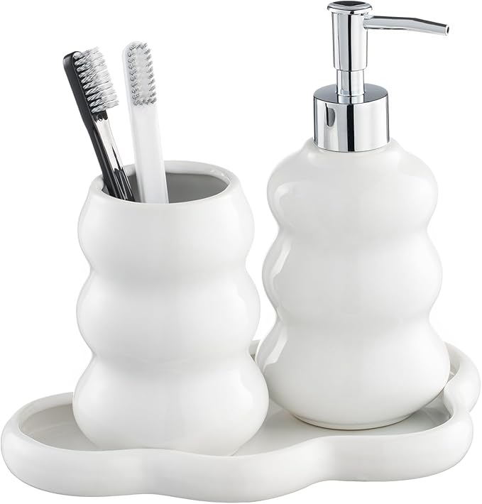 3-Piece White Ceramic Bathroom Accessories Set with Tray, Lotion Dispenser, and Tumbler for a Luxurious Bath Experience