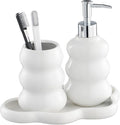 3-Piece White Ceramic Bathroom Accessories Set with Tray, Lotion Dispenser, and Tumbler for a Luxurious Bath Experience