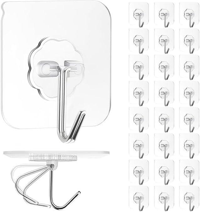 Adhesive Wall Hook, Set Heavy-Duty Thickened self-Adhesive Hook，24Pcs，33lb max Loading，Transparent, Waterproof, Bathroom, Outdoor, Kitchen, Doors, Practical Tools.