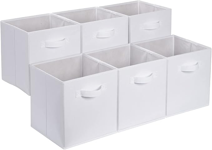 Amazon Basics Collapsible Fabric Storage Bins with Handles, Cube Organizer, 13"x13"x13", White, 6-Pack
