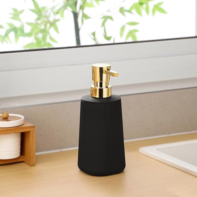 Small Soap Dispenser for Bathroom and Kitchen, Modern Farmhouse Striped Style Plastic Hand Soap Dish Soap Dispenser with Pump Matte Black and Gold