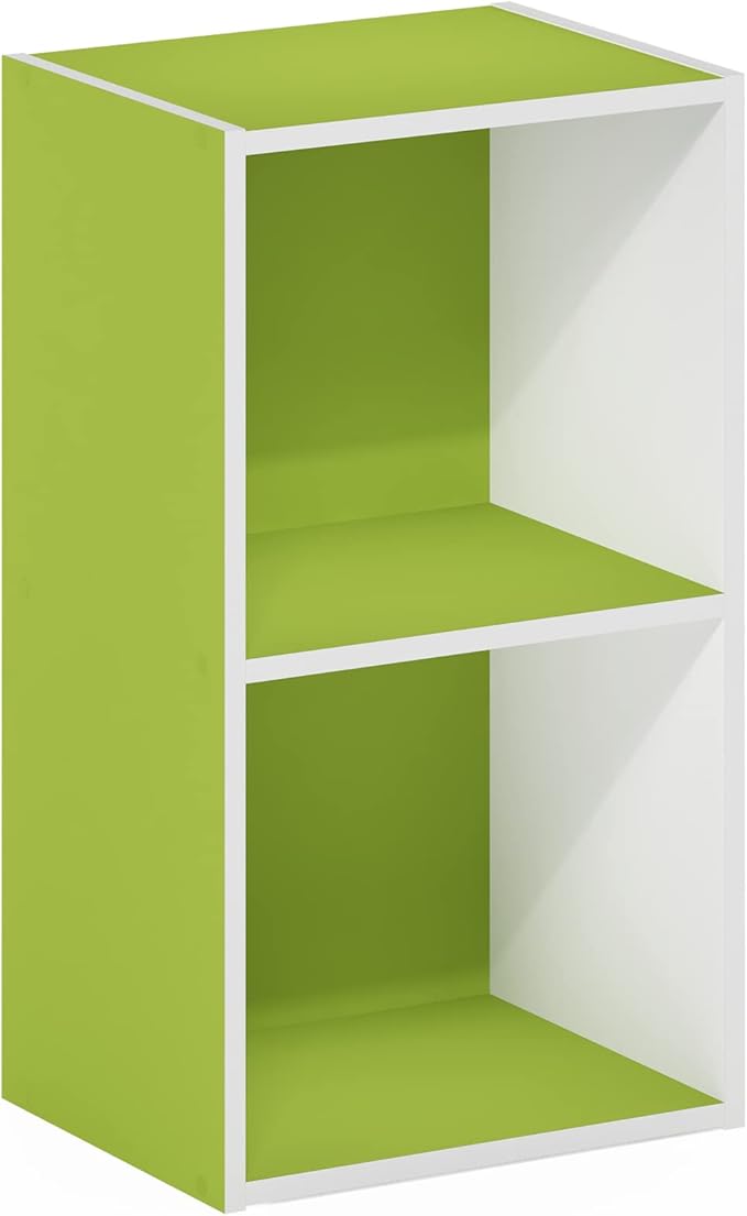 Furinno PASIR Book Shelf, 2-Tier Modern Bookshelf, Open Shelves Bookcase 9 x 12 x 21, for Living Room, Bedroom, Home Office, Green/White