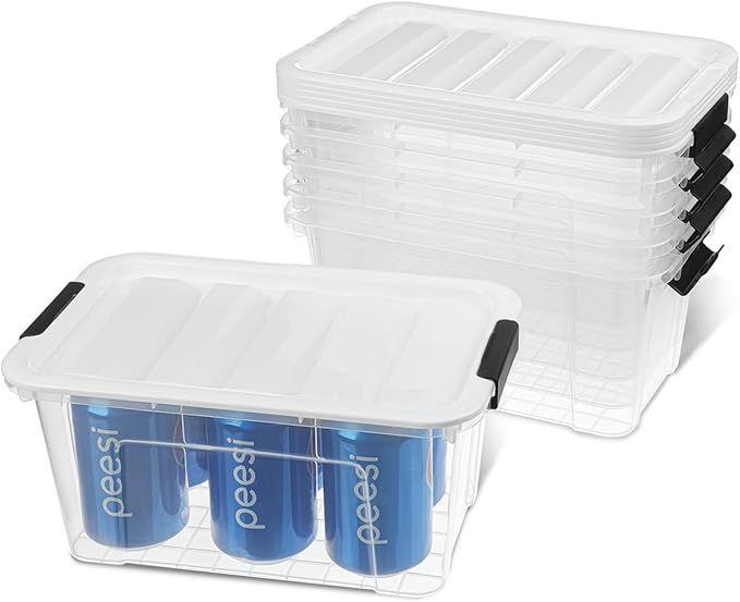 Plastic Storage Bins with Lids 6 Pack, 7 Quart Storage Containers with Black Buckle Latch, Stackable Storage Containers for Home Pantry Office Classroom Organization, White