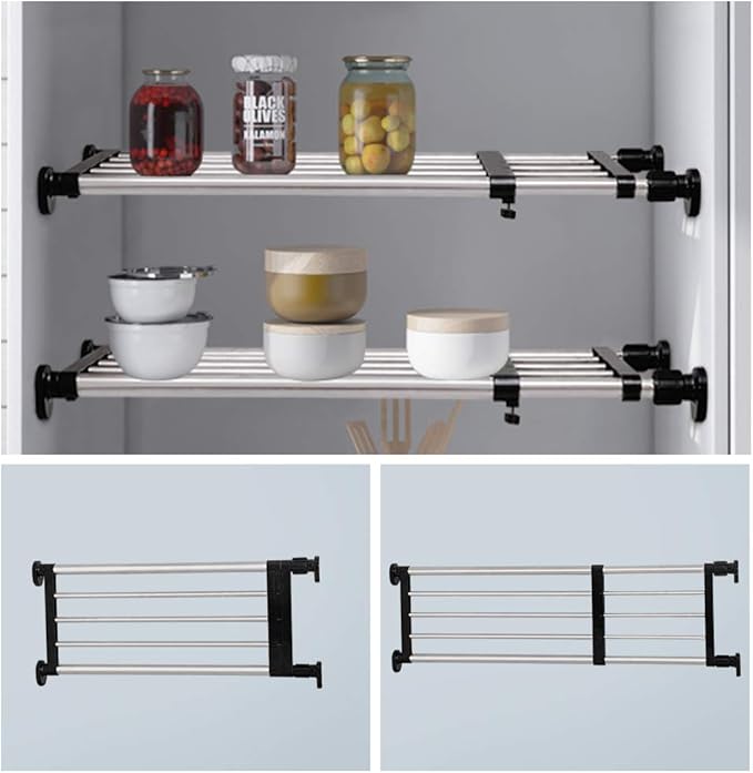 BAOYOUNI Adjustable Shelving Expandable Closet Shelves Tension Rod Clothes Hanger Storage Rack DIY Cabinet Wardrobe Kitchen Bathroom Divider Separator Organizer, Black, 2 Pack