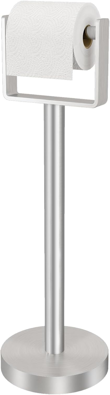 YUMORE Toilet Paper Holder Free Standing, Stainless Steel Toilet Paper Stand, Weighted Base Floor Tissue Roll Holder for Bathroom, Brushed Nickel 200UP