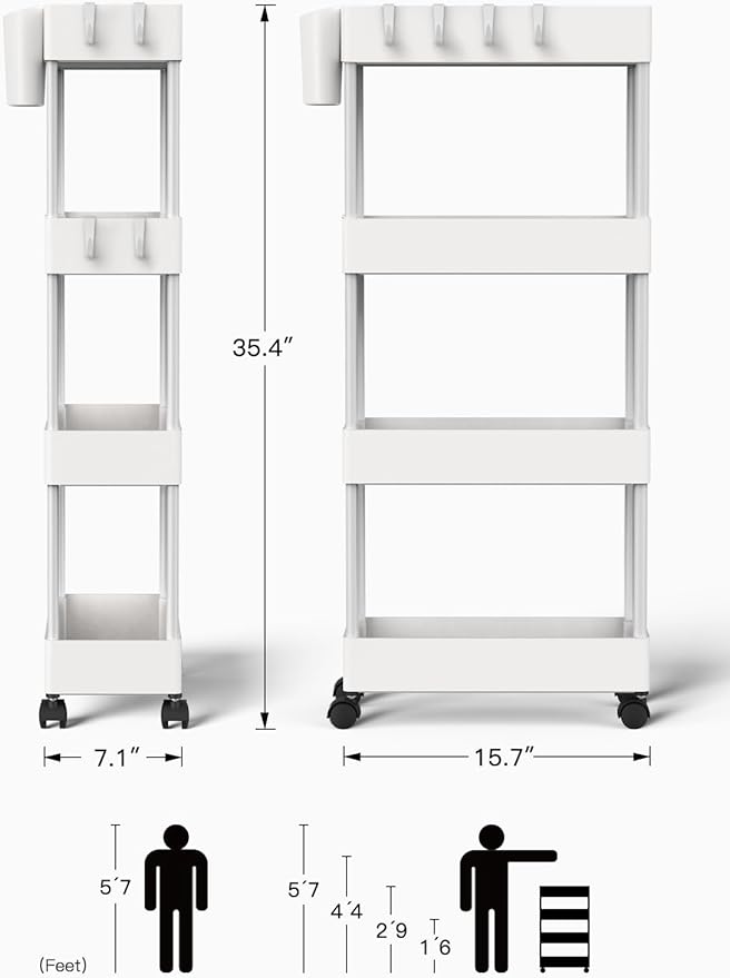 Pipishell Slim Storage Cart with Wheels, 4 Tier Bathroom Storage Organizer Rolling Utility Cart for Bathroom Kitchen Laundry Room Office Narrow Place (White)