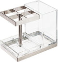 mDesign Plastic Toothbrush and Toothpaste Storage Organizer Holder - Home Decor for Bathroom Countertop - Holds Toiletries and Beauty Accessories - Lumiere Collection - White/Chrome