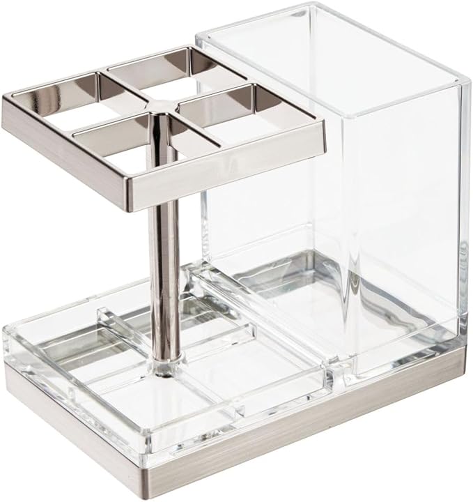 mDesign Plastic Toothbrush and Toothpaste Storage Organizer Holder - Home Decor for Bathroom Countertop - Holds Toiletries and Beauty Accessories - Lumiere Collection - White/Chrome