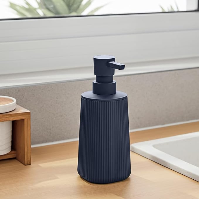 Small Soap Dispenser for Bathroom and Kitchen, Modern Farmhouse Striped Style Plastic Hand Soap Dish Soap Dispenser with Pump Matte Blue