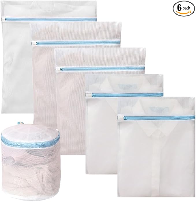 6 Pack Mesh Laundry Bags for Delicates with Auto-Lock Zipper, Durable Fine Washing Bag for Lingerie, Socks, Baby Clothes, Reusable Garment Bags for Travel, Storage & College Dorm (1L 2M 2S 1Bra Bag)