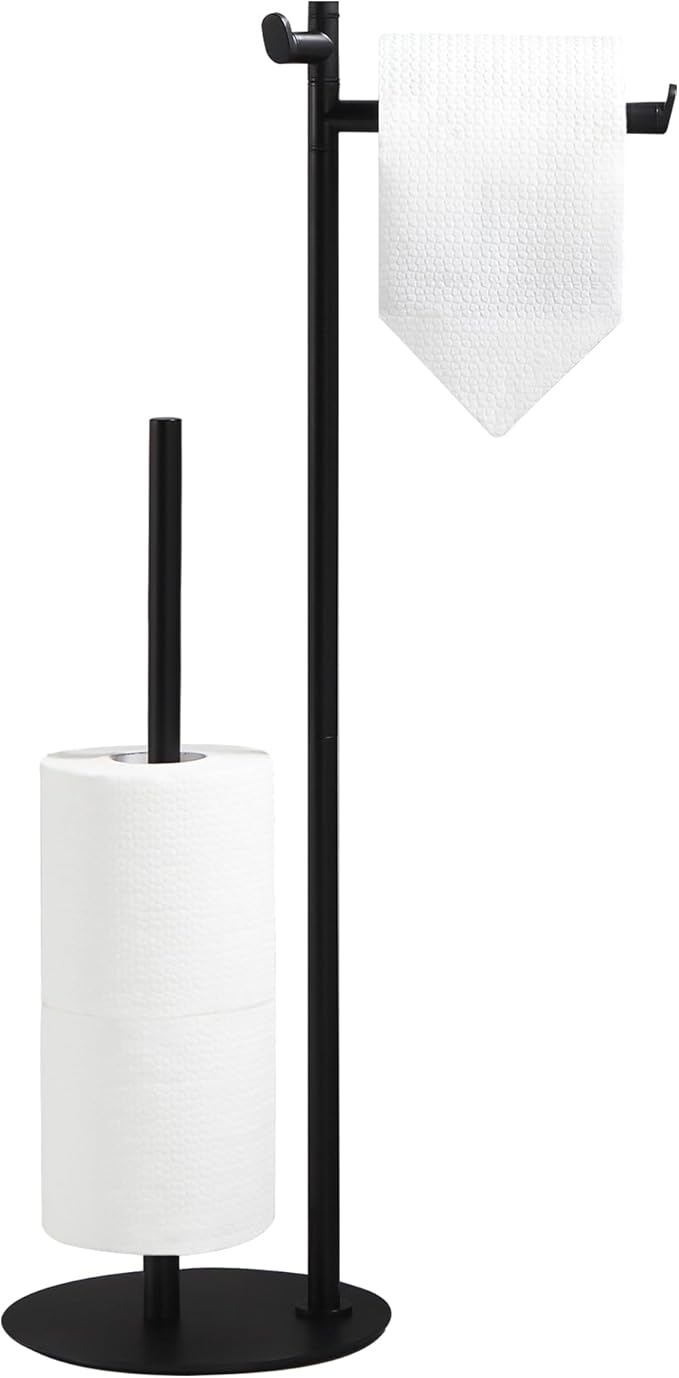 BGL Toilet Paper Holder Stand, SUS304 Stainless Steel Matte Black, Weighted Base, Holds 5 Jumbo Rolls, Space-Saving Modern Bathroom Storage with Built-in Hook