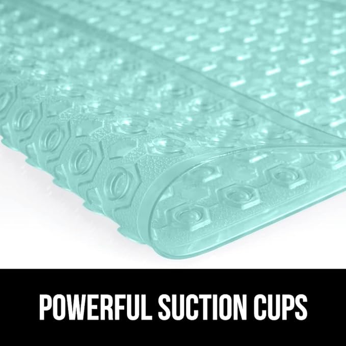 GORILLA GRIP Patented Bath Tub Shower Mat, Machine Washable Bathtub Floor Liner Mats, Suction Cups and Drain Holes to Keep Tubs Clean, Soft on Feet, Bathroom Essentials, 35x16 Inch, Clear Green