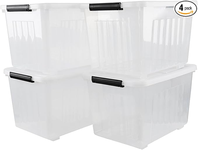 Haodehen 50 Quart Clear Storage Container with Lids and Wheels, 4-Pack Clear Plastic Latching Bins