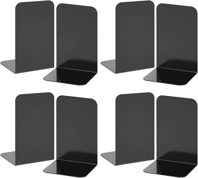 VFINE Bookends 4 Pairs, Black Metal Book Ends, Bookends for Shelves, Book Stopper for Heavy Books, Book Dividers for Home Office School Supplies