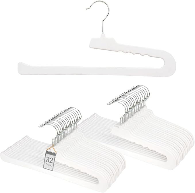 Velvet Pants Hangers - 32 Pack White Non Slip Felt Slim & Sleek Heavy Duty Space Saving Closet Hangers with 360 Swivel Hook for Trousers, Shorts, Jeans, Suits, Towels