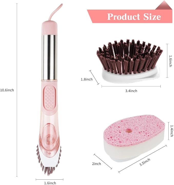Dish Cleaning Brush, Soap Dispensing Dish Brush Set with 4 Replacement Heads and Storage Holder, Kitchen Scrub Brush for Dish Pot Pan Sink Cleaning (Pink)