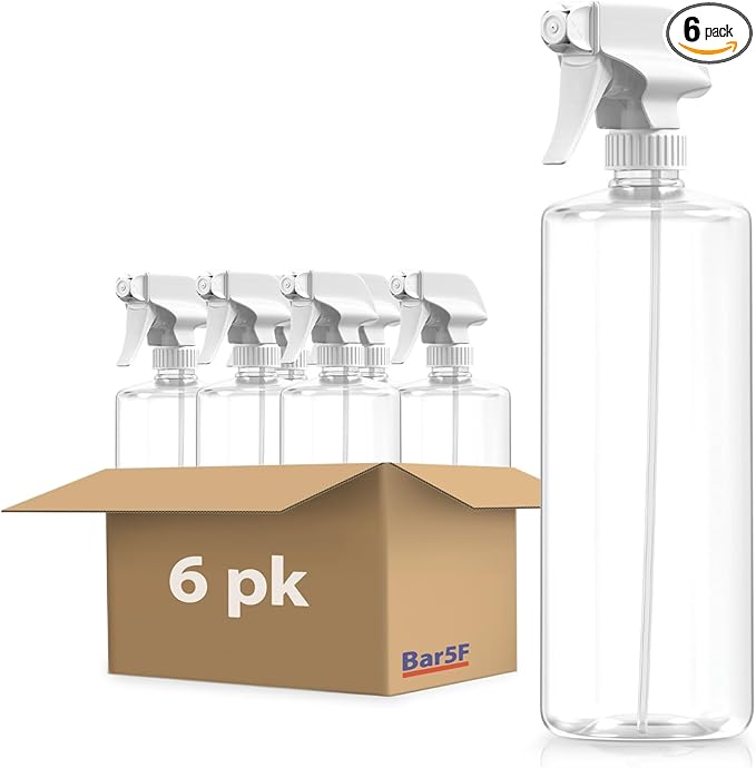Bar5F Bulk 6-Pack Plastic Spray Bottles with Mixor Trigger, 32 oz | Professional, Leak Proof, Empty, Adjustable Fine to Powerful Sprayer, Refillable | Water Plants, Cleaning Solutions | Crystal Clear