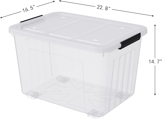 Ewingger 70 L Large Clear Storage Boxes, 4-Pack Plastic Storage Bins with Lids and Wheels