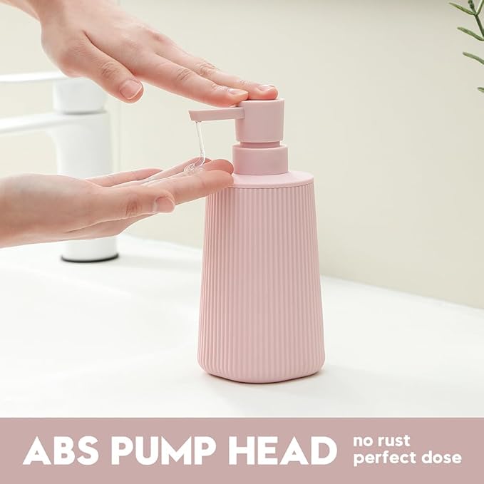 Small Soap Dispenser for Bathroom and Kitchen, Modern Farmhouse Striped Style Plastic Hand Soap Dish Soap Dispenser with Pump Matte Pink for Girls