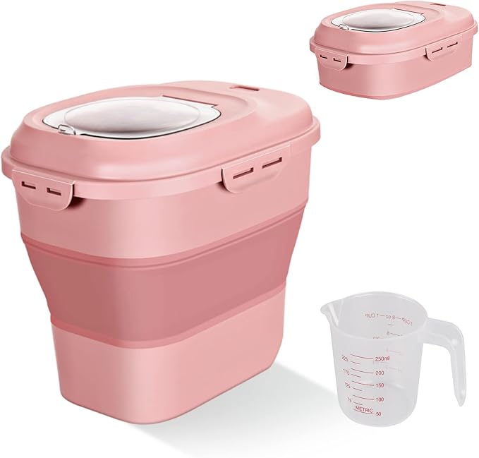 Cereal Rice Food Storage Containers, Collapsible 20 to 50 Lbs Dispenser Bin with Rolling Wheel Airtight Locking Lid, Dog Pet Cat Flour Sugar Plastic Leakproof Sealable Large Kitchen Pantry Holder