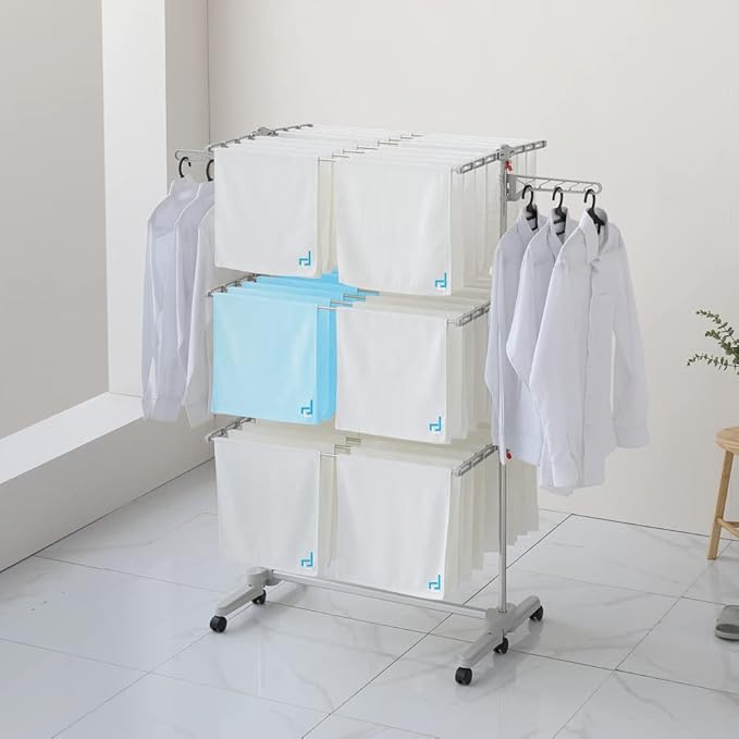 DOLEEFUN Foldable Laundry Drying Rack with Wheels - 48 Drying Rods, Heavy Duty, Movable, Perfect for Clothes, Duvet, Socks, Bed Linen, Sheets, 6 Wings
