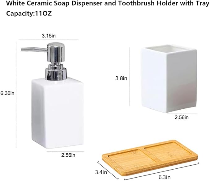 White Ceramic Soap Dispenser and Toothbrush Holder,3-Piece Bathroom Accessories Set Modern Square Countertop Bath Set,Liquid Soap Dispenser,Tumbler Cup,Wooden Vanity Tray