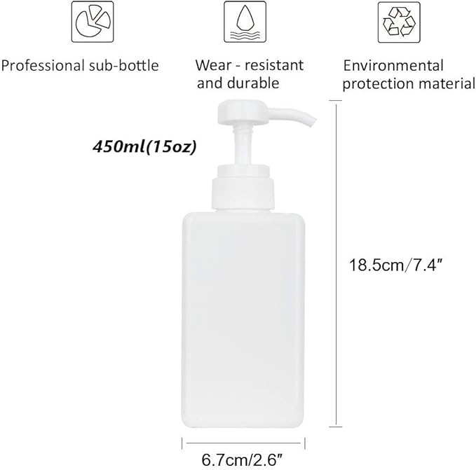 Pump Bottle, Refillable Plastic Empty Lotion Soap Dispenser Liquid Container for Bathroom Shampoo and Body Wash, 15oz/450ml White 2 Pack