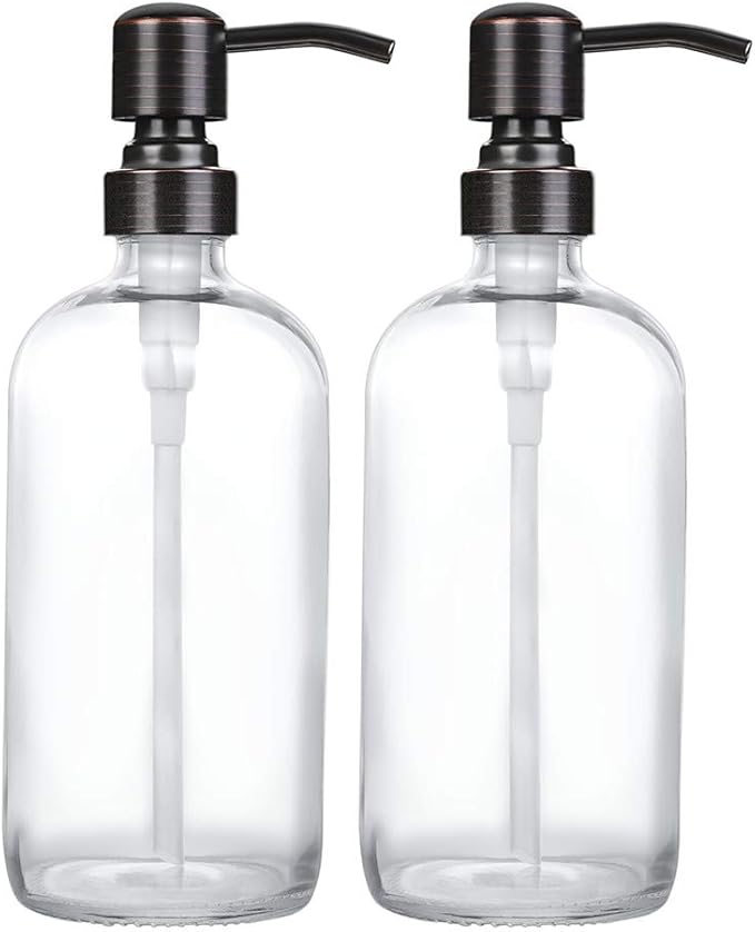 2 Pack Thick Clear Glass Boston Round Bottles /Oil Rubbed Bronze Stainless Steel Pumps, 16 Ounce Jar Soap Dispenser with Rustproof Pump for Essential Oil, Liquid Soap