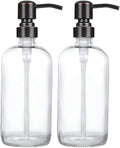 2 Pack Thick Clear Glass Boston Round Bottles /Oil Rubbed Bronze Stainless Steel Pumps, 16 Ounce Jar Soap Dispenser with Rustproof Pump for Essential Oil, Liquid Soap