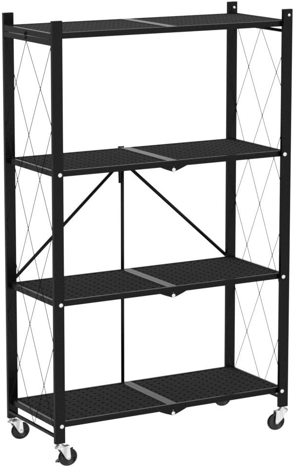 HealSmart Heavy Duty 4-Tier Foldable Metal Rack, 14.96" D x 27.95" W x 49.61" H Storage Shelving Unit 1000 lbs with Wheels Moving Easily Organizer Shelves Great for Garage Kitchen, Black