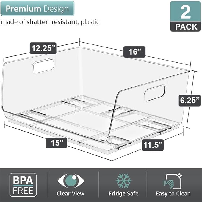 Sorbus Stackable Storage Bins - Clear Open Front Pantry Organizer for Kitchen Organization - Acrylic Bins (Large 2 Pack)
