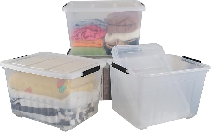 Haodehen 70 Quart Clear Plastic Large Storage Box with Wheels, 4-Pack Plastic Storage Bins with Lids