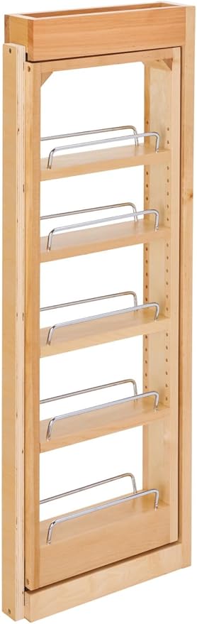 Rev-A-Shelf 3"W x 33"H Pull Out Quad Shelf Organizer for Wall & Base Kitchen Cabinets, Full Extension Filler Spice Rack, Adjustable, Wood, 432-WF33-3C