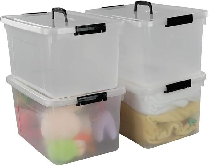 Begale 17.5 Quart Plastic Large Storage Container, Clear Latch Bin with Handle and Lid, 4-Pack