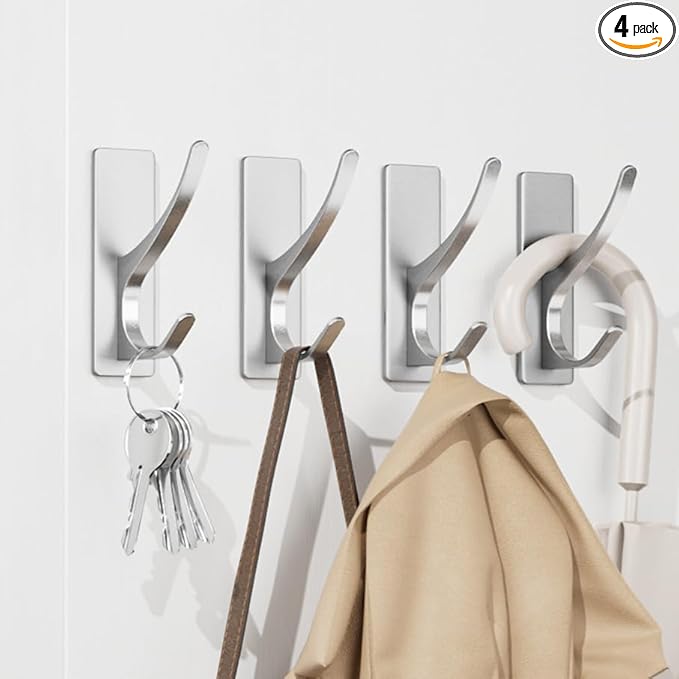 pickpiff Self Adhesive Coat Hooks for Hanging: Heavy Duty Stainless Wall Hook for Towel, Utensil, Backpack, Hat, Sturdy Metal Hanger for Bathroom, Kitchen, Door, 4-Pack, Silver, New