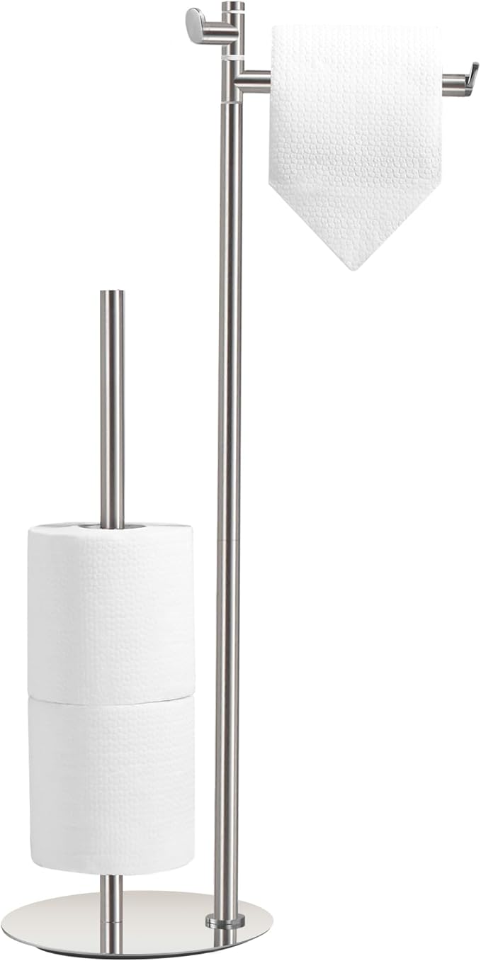 BGL Toilet Paper Holder Stand, SUS304 Stainless Steel Brushed Nickel, Weighted Base, Holds 5 Jumbo Rolls, Space-Saving Modern Bathroom Storage with Built-in Hook