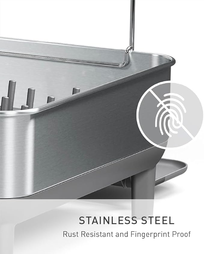simplehuman Large Capacity Dish Drying Rack with Stainless Steel Frame, 360º Easy Drain Swivel Spout, Utensil & Wine Glass Holder, Anti-Residue Coating, Moisture Control Surface, Grey