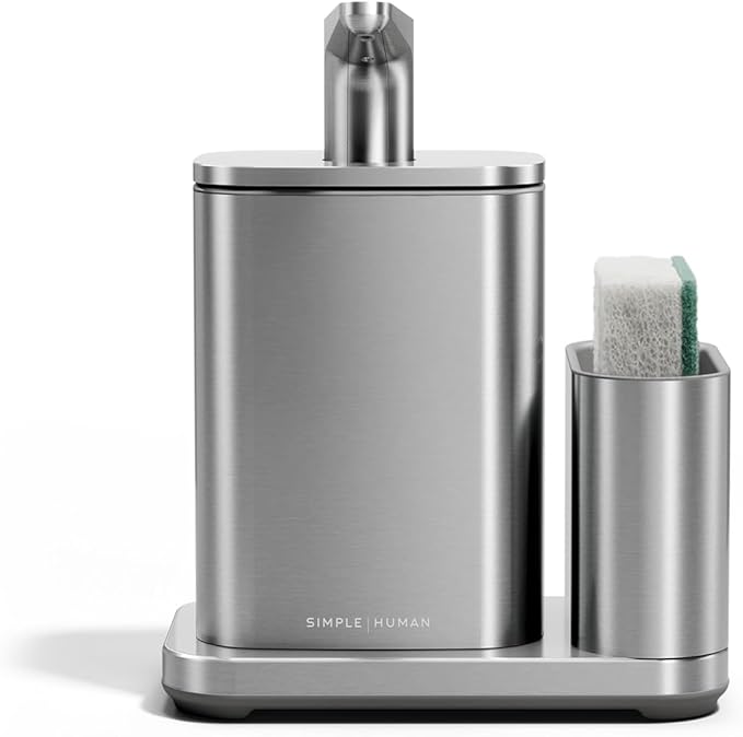 simplehuman Pulse Pump, 16 oz. with Caddy, Premium Soap Dispenser for Kitchen and Bathroom, Drip and Clog Free Valve, Mess-Free Wide Refill, Magnetic Caddy for Sponge, Brushed Stainless Steel