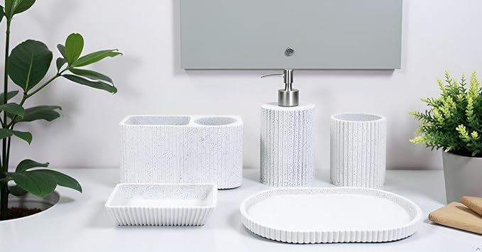 Hymmah Marble Pattern Bathroom Accessories Set, Toothbrush Holdr Set, 5 Pieces Resin Bathroom Set with Toothbrush Holder, Soap Dispenser, Soap Dish,Tumbler (Gray Granite)